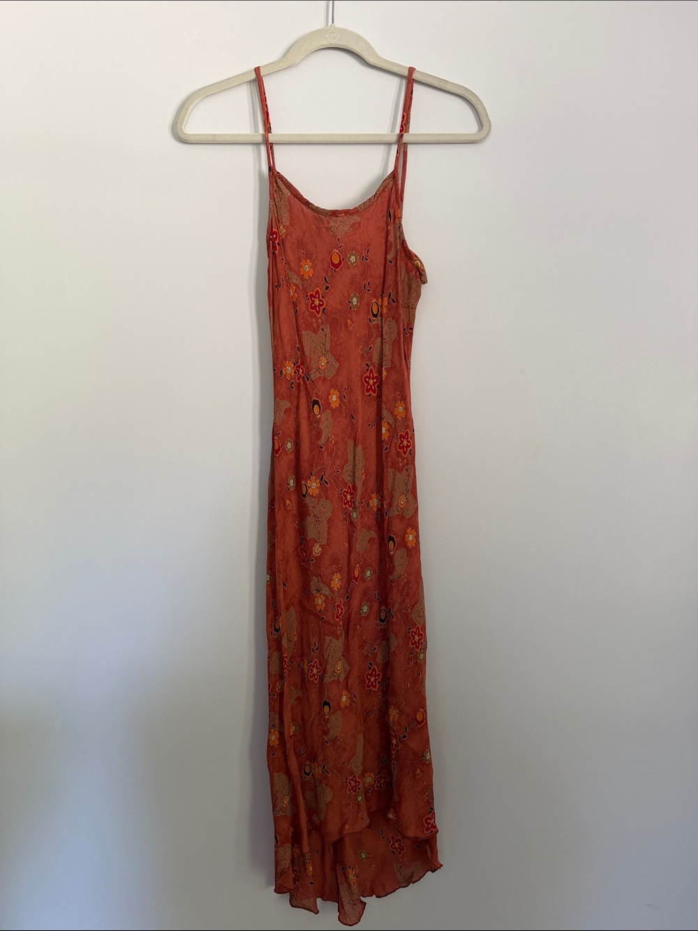 Vintage Rust Orange Floral Paisley Slip Dress with Spaghetti Straps